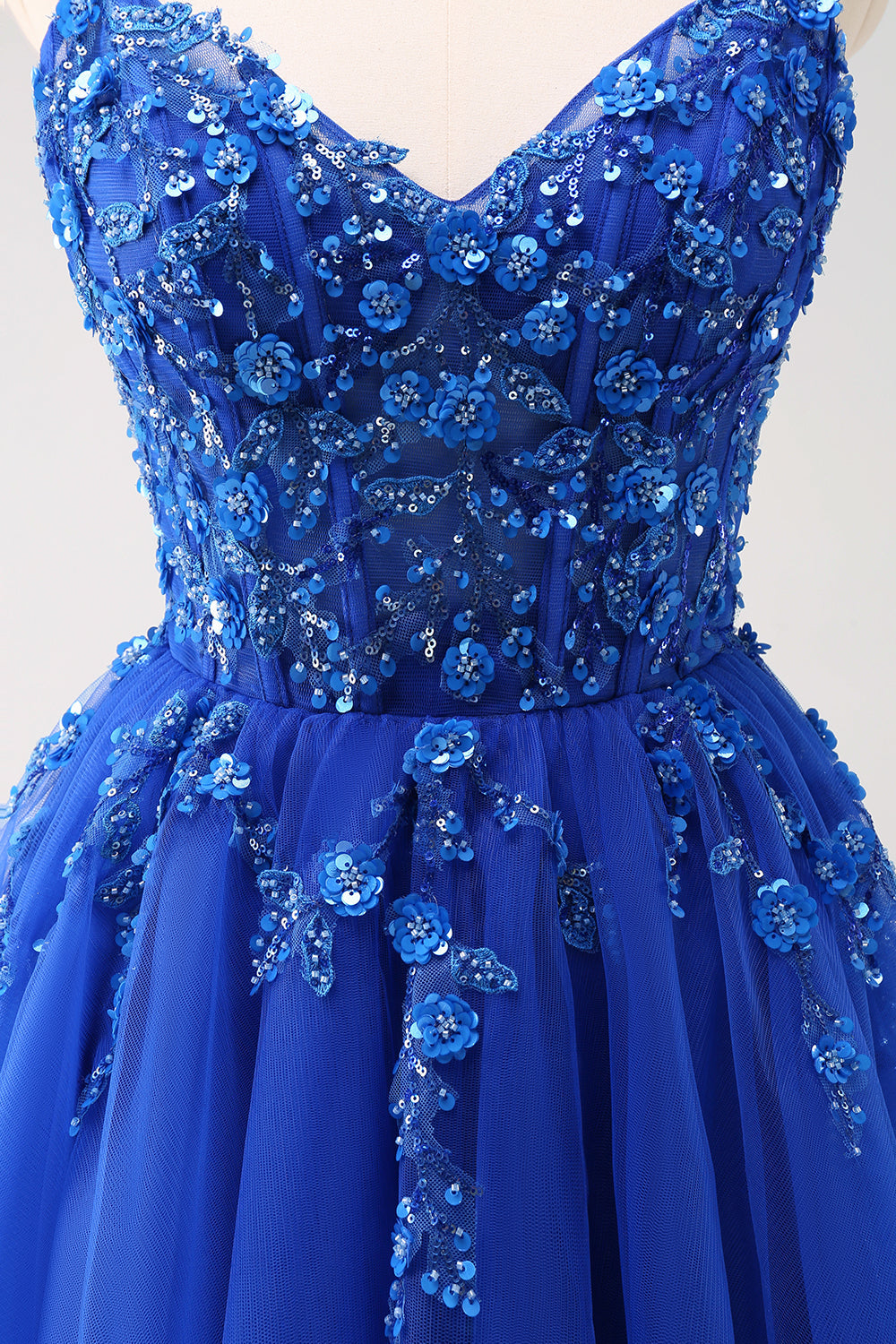 Robe de bal longue corset à bretelles spaghetti bleu royal scintillant