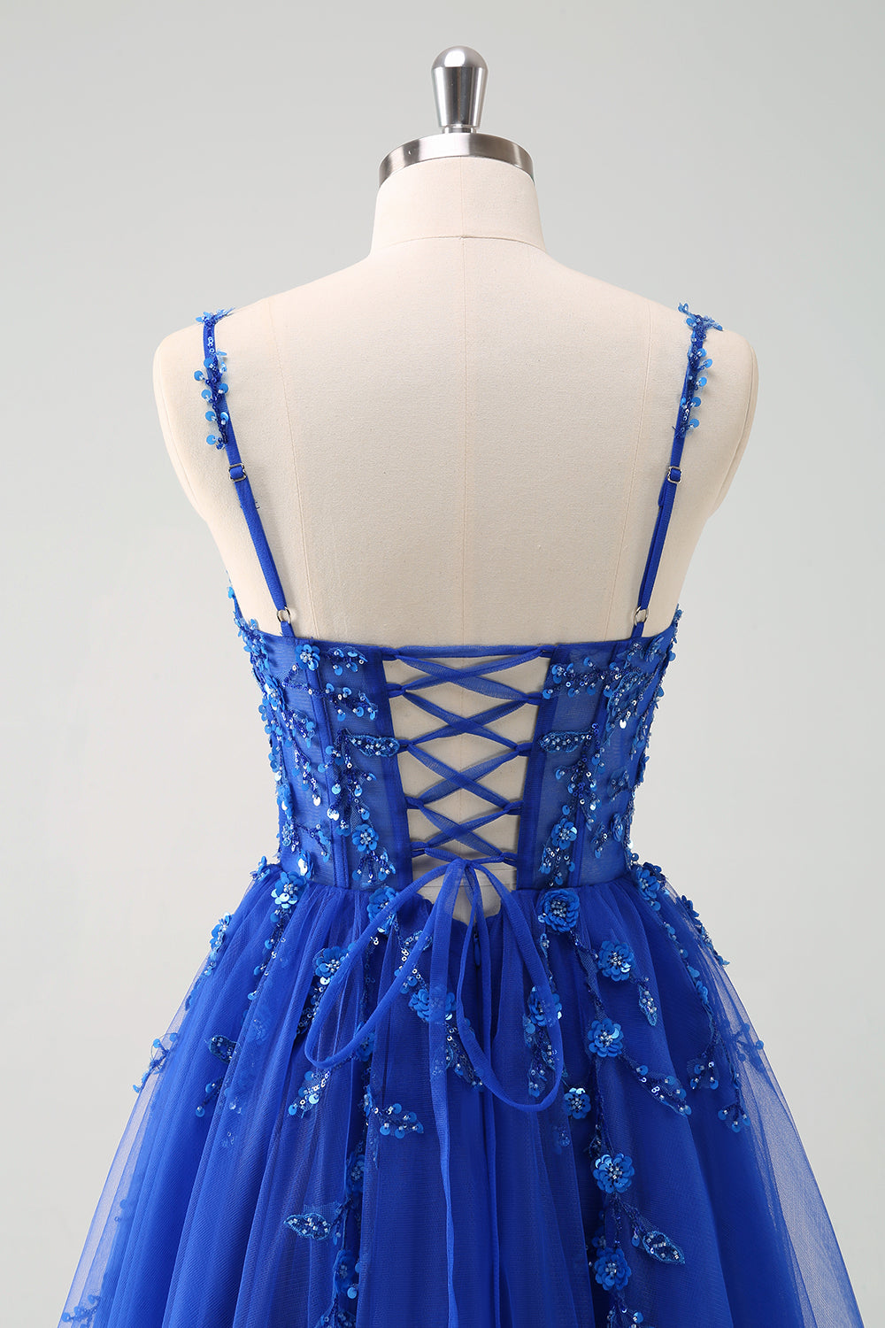 Robe de bal longue corset à bretelles spaghetti bleu royal scintillant