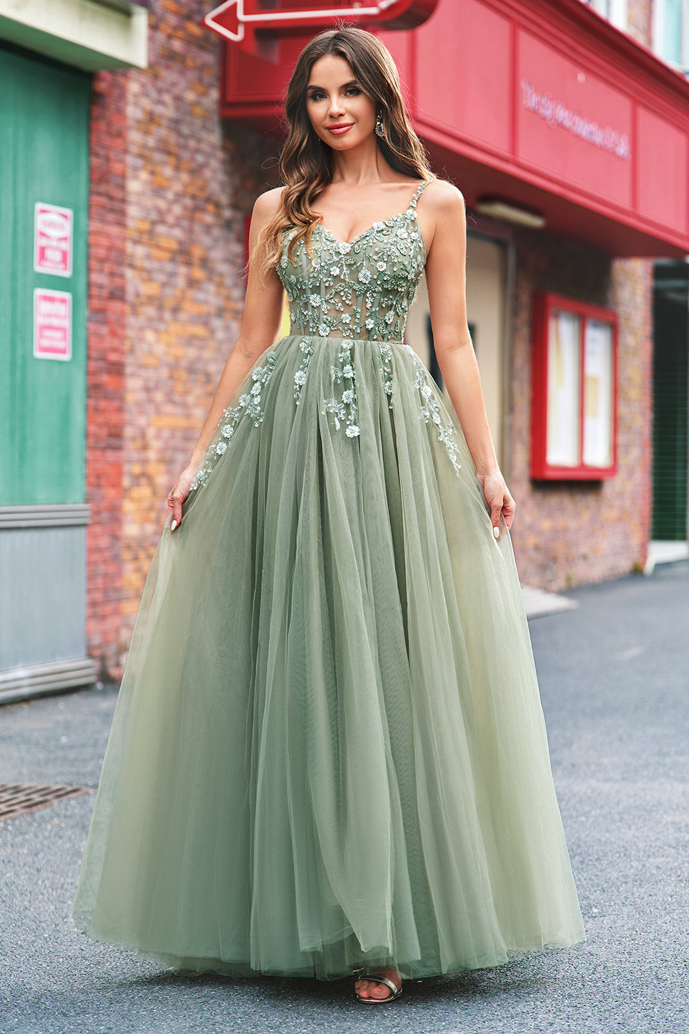 Vert Une ligne Corset Sequin Tulle Robe Longue De Bal Avec Lacets Dans Le Dos
