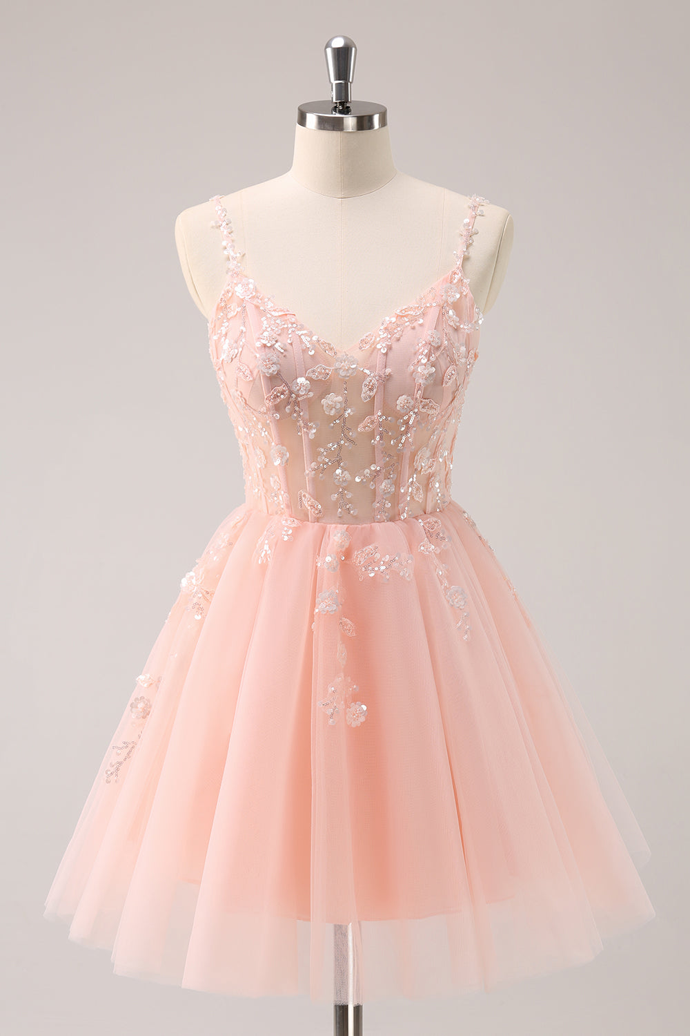 Robe de soirée Court trapèze à bretelles spaghetti en tulle et paillettes avec appliques