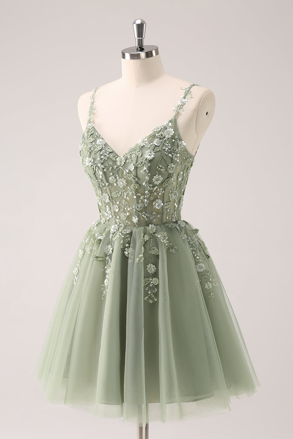 Robe de soirée Court trapèze à bretelles spaghetti en tulle et paillettes avec appliques