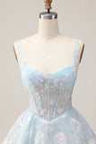 Bleu clair scintillant A ligne spaghetti bretelles Corset Longue robe de bal