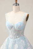 Bleu clair scintillant A ligne spaghetti bretelles Corset Longue robe de bal