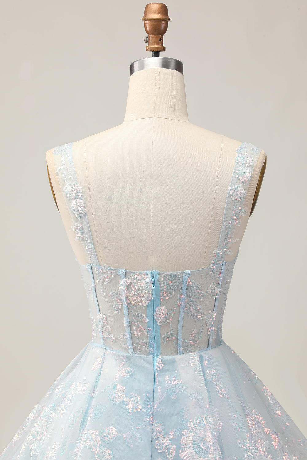 Bleu clair scintillant A ligne spaghetti bretelles Corset Longue robe de bal