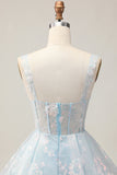 Bleu clair scintillant A ligne spaghetti bretelles Corset Longue robe de bal