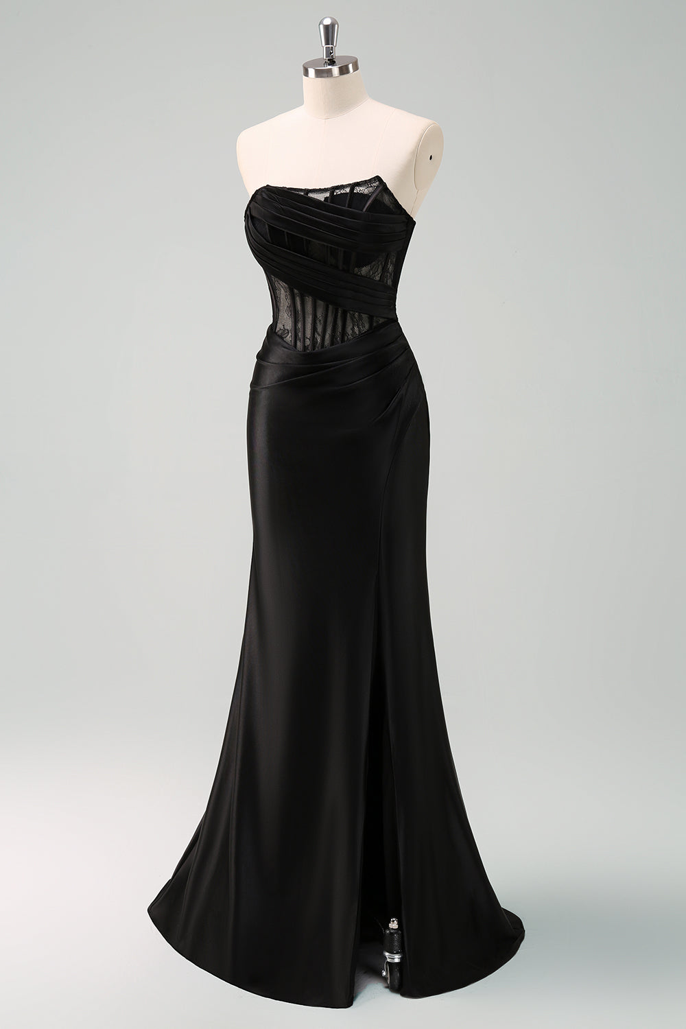 Robe de bal longue corset froncé sirène sans bretelles noire