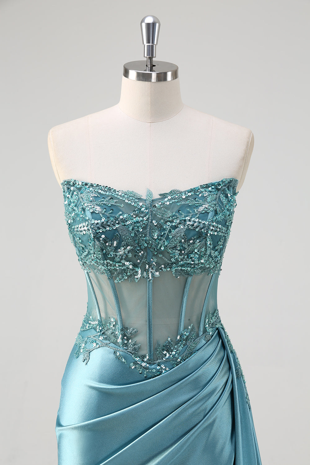 Robe de bal sans bretelles sirène gris bleu corset en satin pailleté