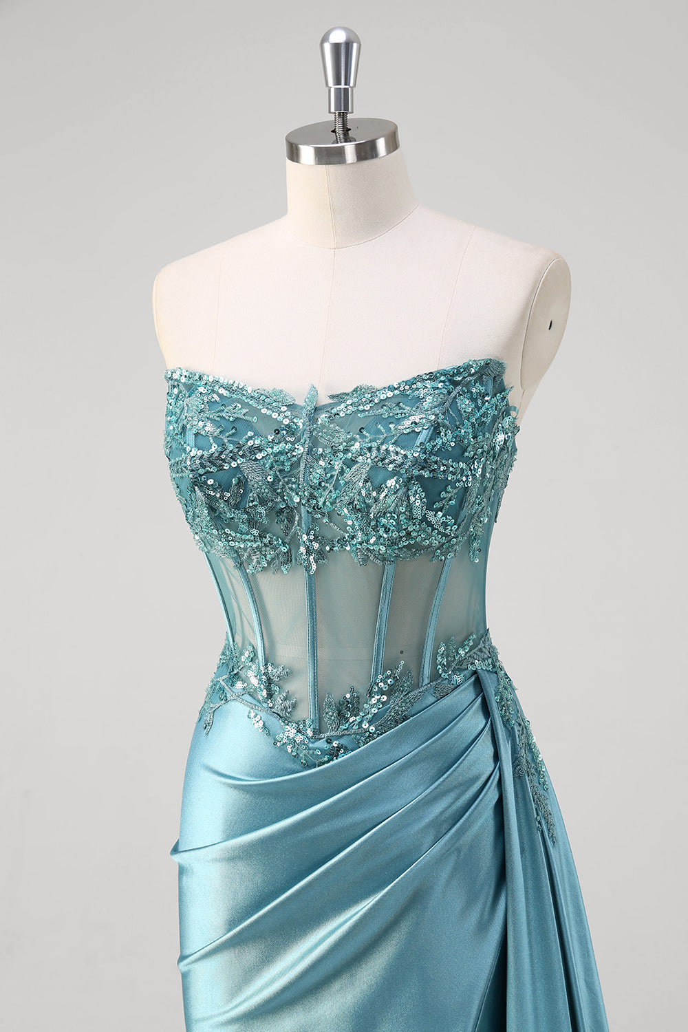 Robe de bal sans bretelles sirène gris bleu corset en satin pailleté