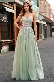 Robe De Soirée en tulle a-ligne à bretelles spaghetti sauge avec appliques