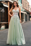 Robe De Soirée en tulle a-ligne à bretelles spaghetti sauge avec appliques
