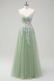 Robe De Soirée en tulle a-ligne à bretelles spaghetti sauge avec appliques