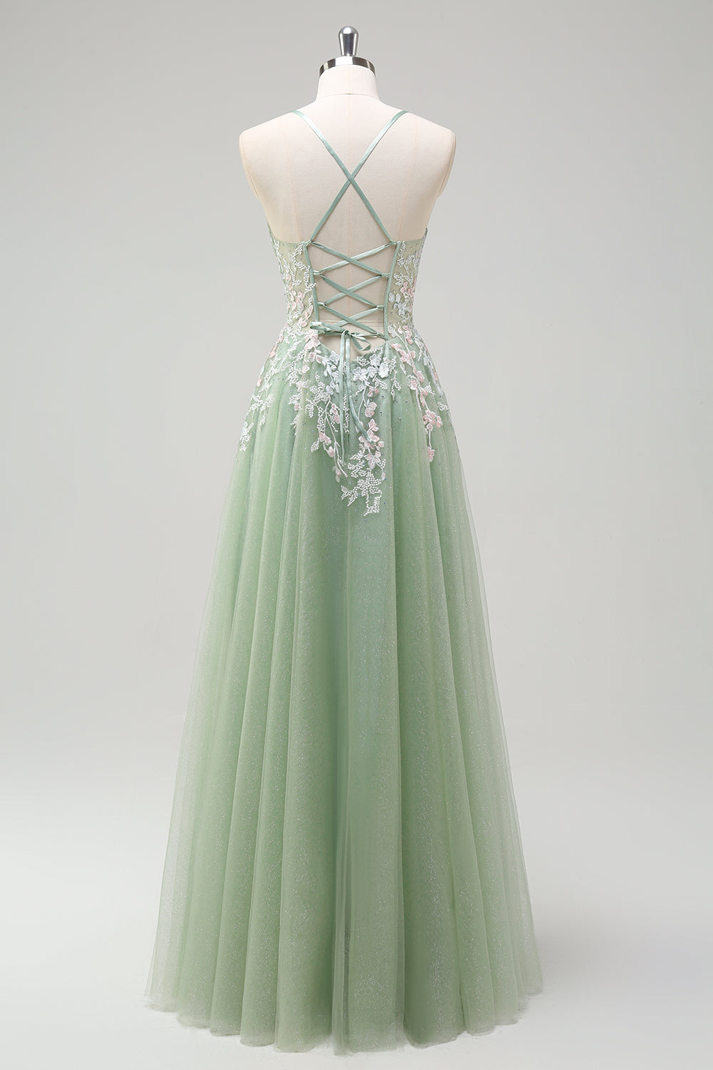 Robe De Soirée en tulle a-ligne à bretelles spaghetti sauge avec appliques