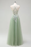 Robe De Soirée en tulle a-ligne à bretelles spaghetti sauge avec appliques
