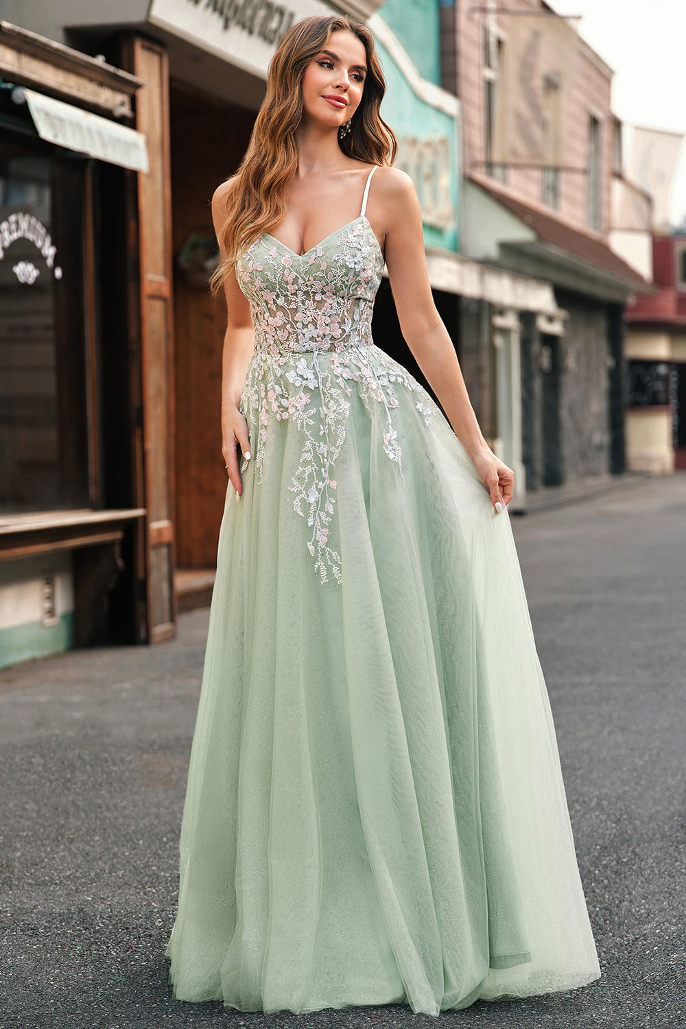 Robe De Soirée en tulle a-ligne à bretelles spaghetti sauge avec appliques
