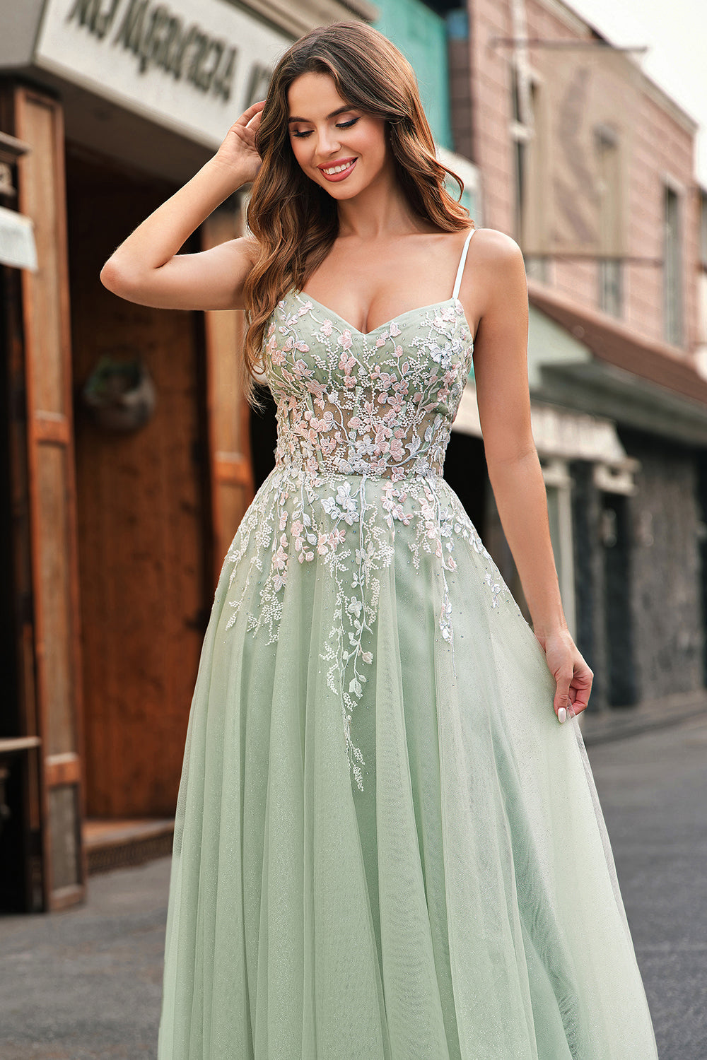 Robe De Soirée en tulle a-ligne à bretelles spaghetti sauge avec appliques