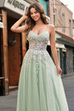 Robe De Soirée en tulle a-ligne à bretelles spaghetti sauge avec appliques
