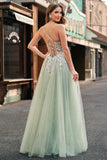 Robe De Soirée en tulle a-ligne à bretelles spaghetti sauge avec appliques