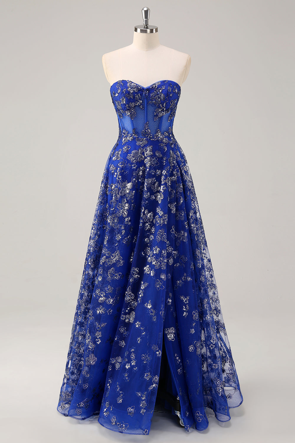 Bleu royal une ligne sans bretelles appliques corset robe longue de bal avec fente