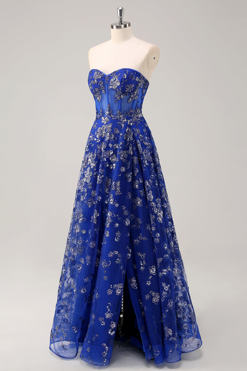 Bleu royal une ligne sans bretelles appliques corset robe longue de bal avec fente