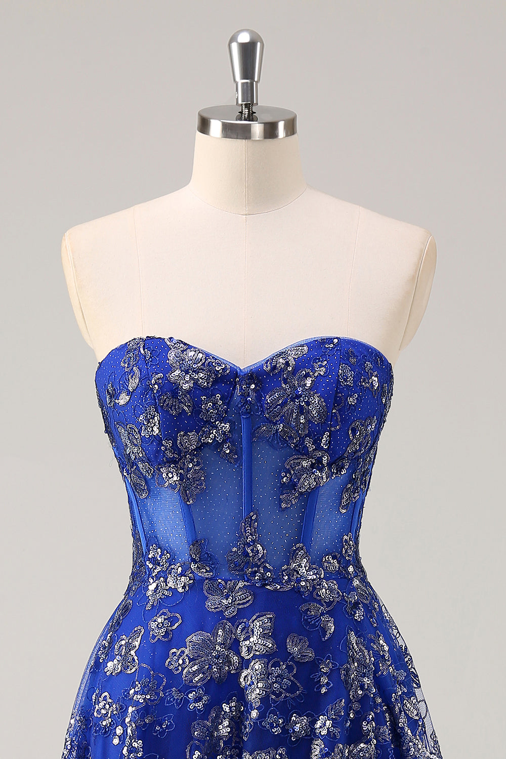 Bleu royal une ligne sans bretelles appliques corset robe longue de bal avec fente