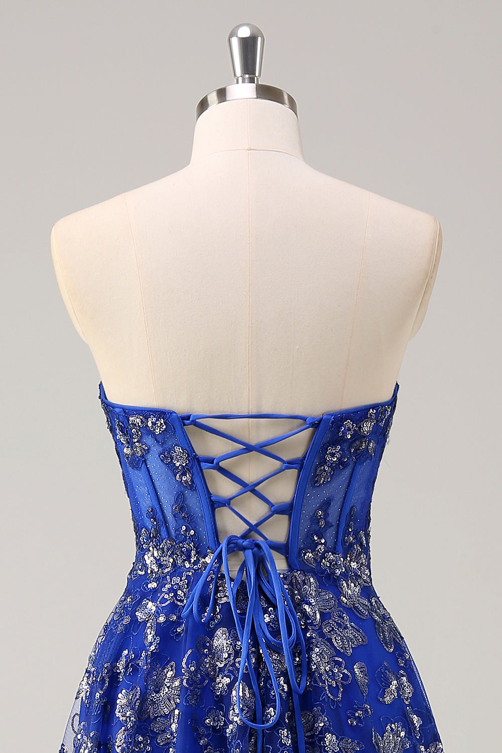 Bleu royal une ligne sans bretelles appliques corset robe longue de bal avec fente