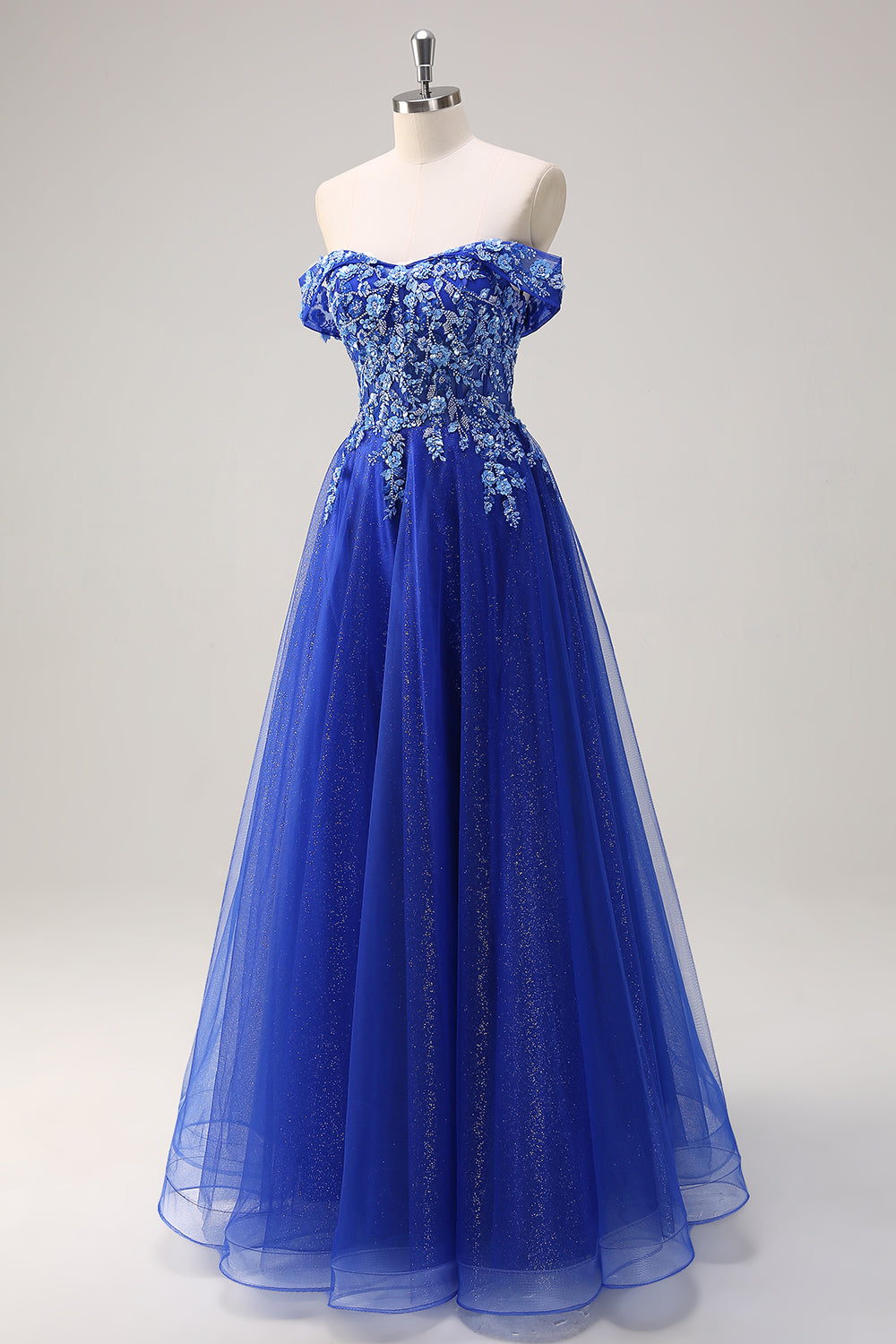 Robe de soirée à appliques scintillantes en tulle trapèze bleu royal à épaules dénudées avec perles