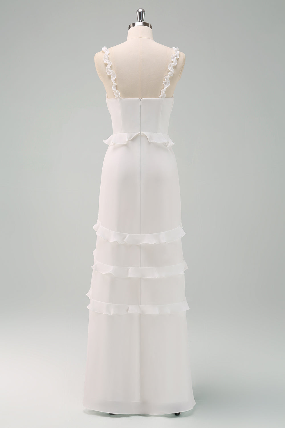 Robe de bal longue sirène à bretelles spaghetti blanches avec volants