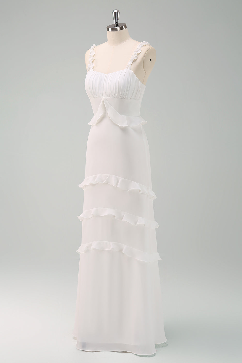 Robe de bal longue sirène à bretelles spaghetti blanches avec volants