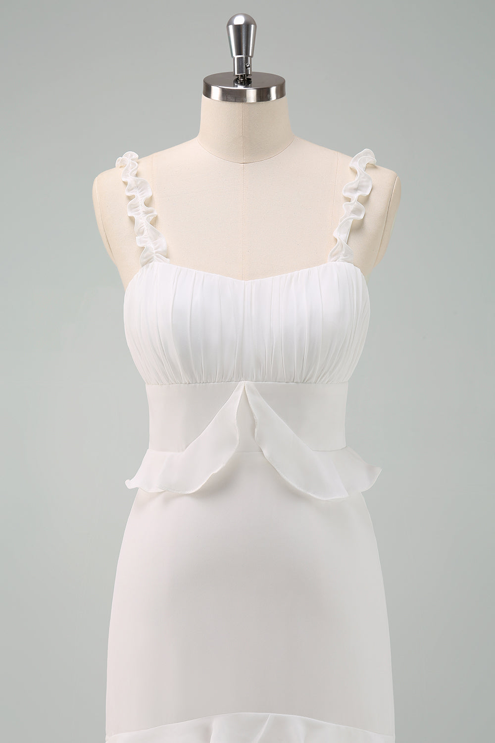 Robe de bal longue sirène à bretelles spaghetti blanches avec volants