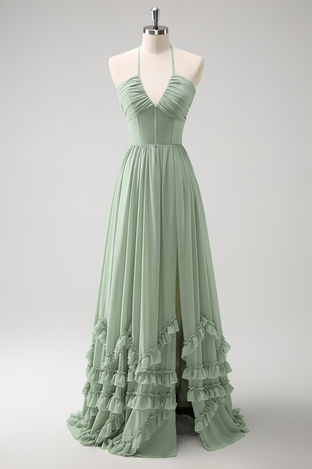 Dusty Sage Halter Robe de demoiselle d’honneur à volants avec fente