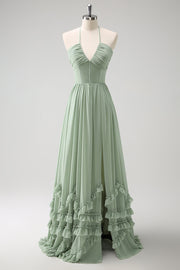 Dusty Sage Halter Robe de demoiselle d’honneur à volants avec fente