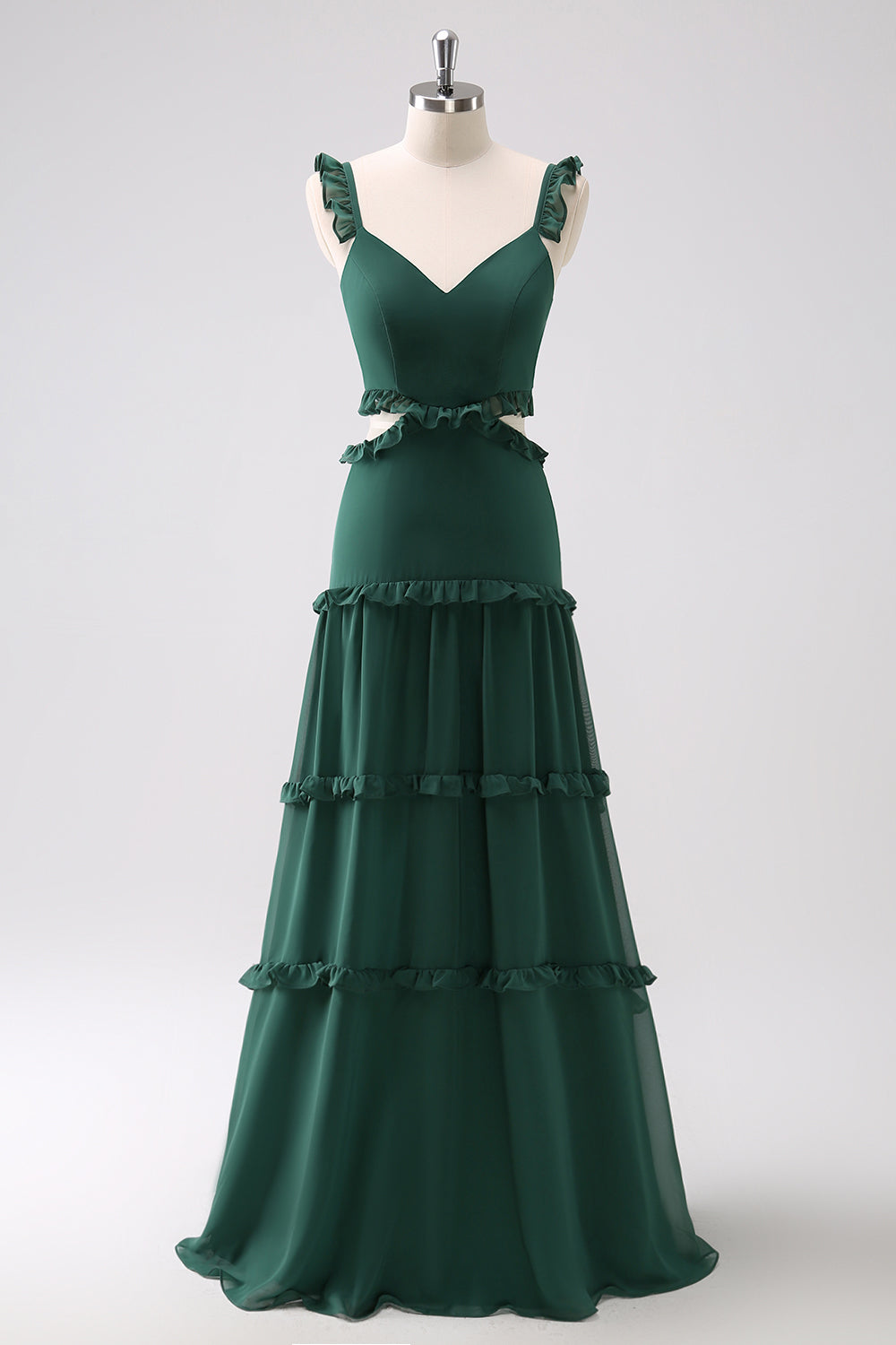 Robe de demoiselle d’honneur longue à volants vert foncé