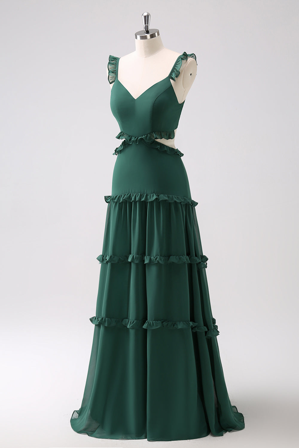 Robe de demoiselle d’honneur longue à volants vert foncé