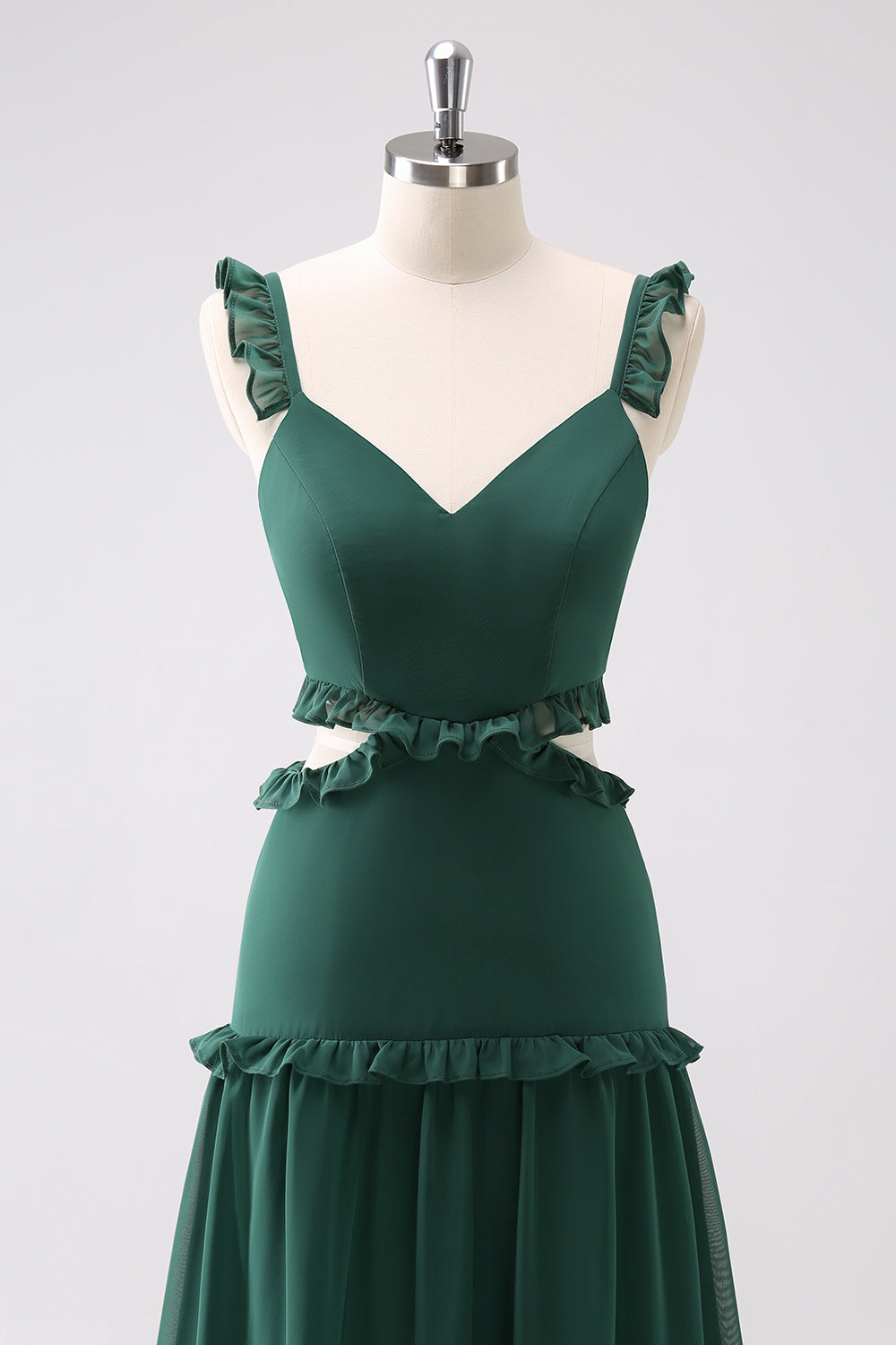 Robe de demoiselle d’honneur longue à volants vert foncé
