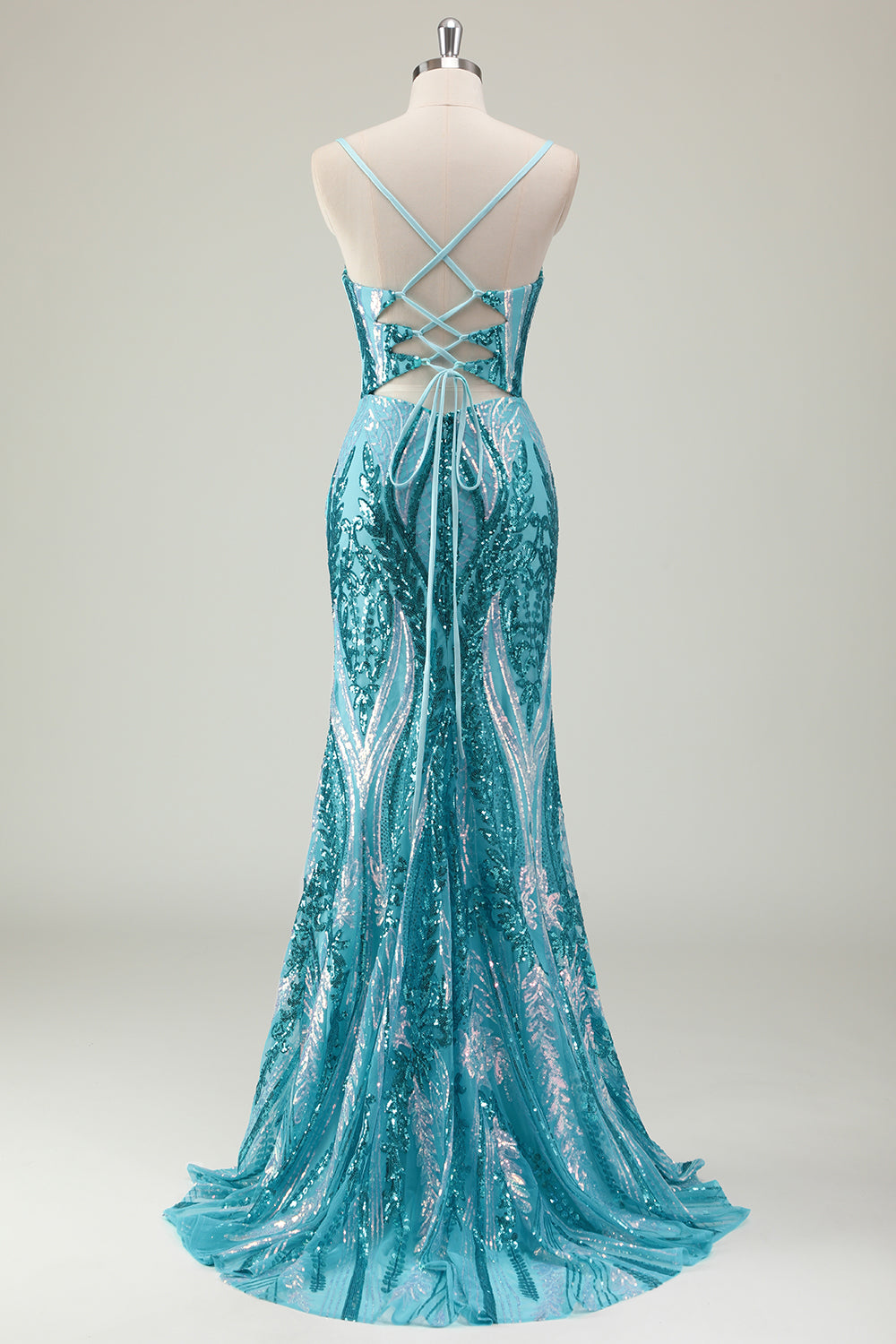 Robe longue de bal longue à bretelles spaghetti sirène bleue scintillante avec paillettes