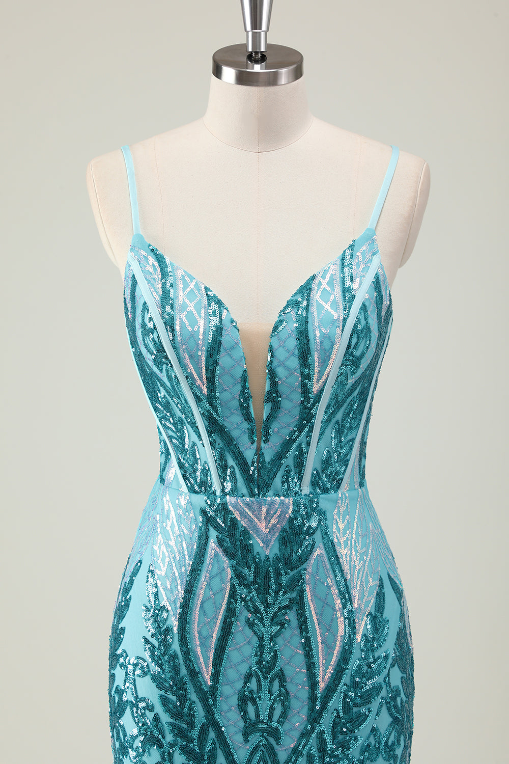 Robe longue de bal longue à bretelles spaghetti sirène bleue scintillante avec paillettes