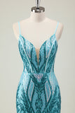 Robe longue de bal longue à bretelles spaghetti sirène bleue scintillante avec paillettes