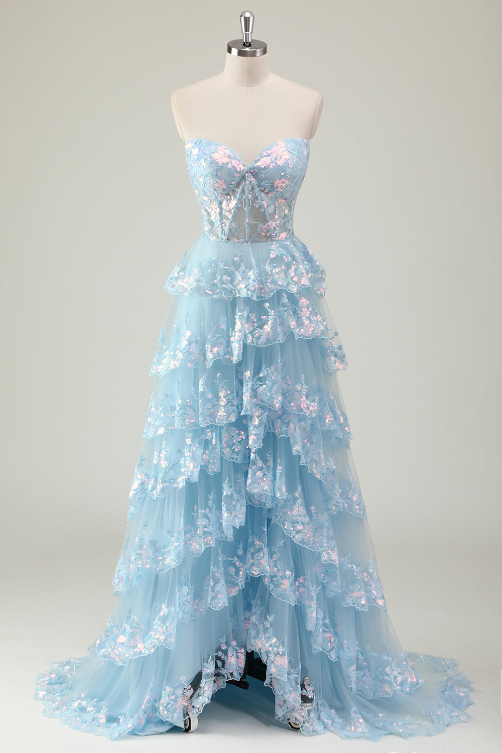 Glitter Blue Une ligne sans bretelles à sequins Corset Robe longue de bal à plusieurs niveaux