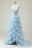 Glitter Blue Une ligne sans bretelles à sequins Corset Robe longue de bal à plusieurs niveaux