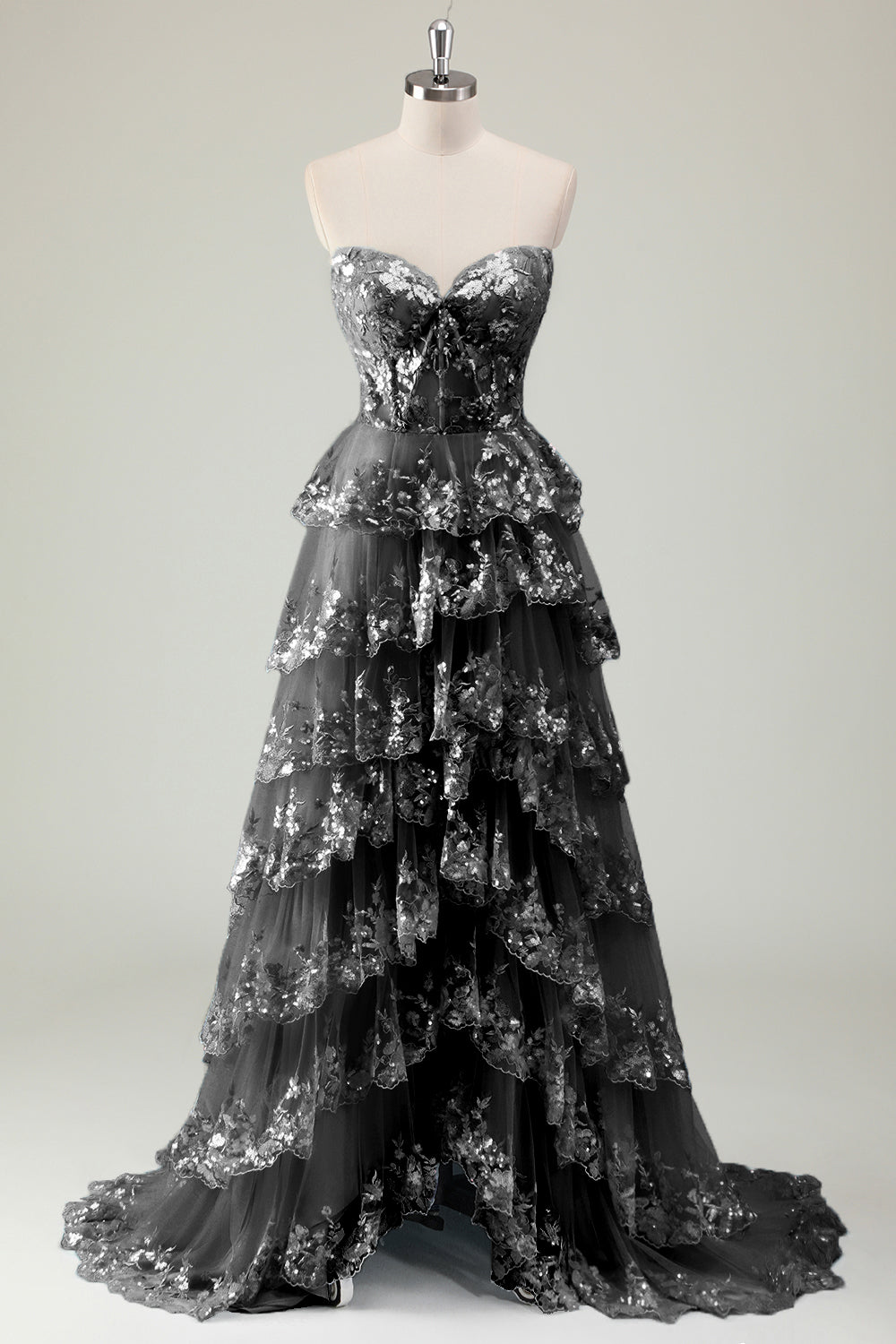 Glitter Blue Une ligne sans bretelles à sequins Corset Robe longue de bal à plusieurs niveaux