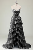 Glitter Blue Une ligne sans bretelles à sequins Corset Robe longue de bal à plusieurs niveaux