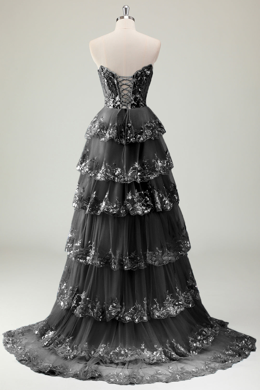 Glitter Blue Une ligne sans bretelles à sequins Corset Robe longue de bal à plusieurs niveaux