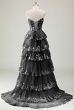 Glitter Blue Une ligne sans bretelles à sequins Corset Robe longue de bal à plusieurs niveaux