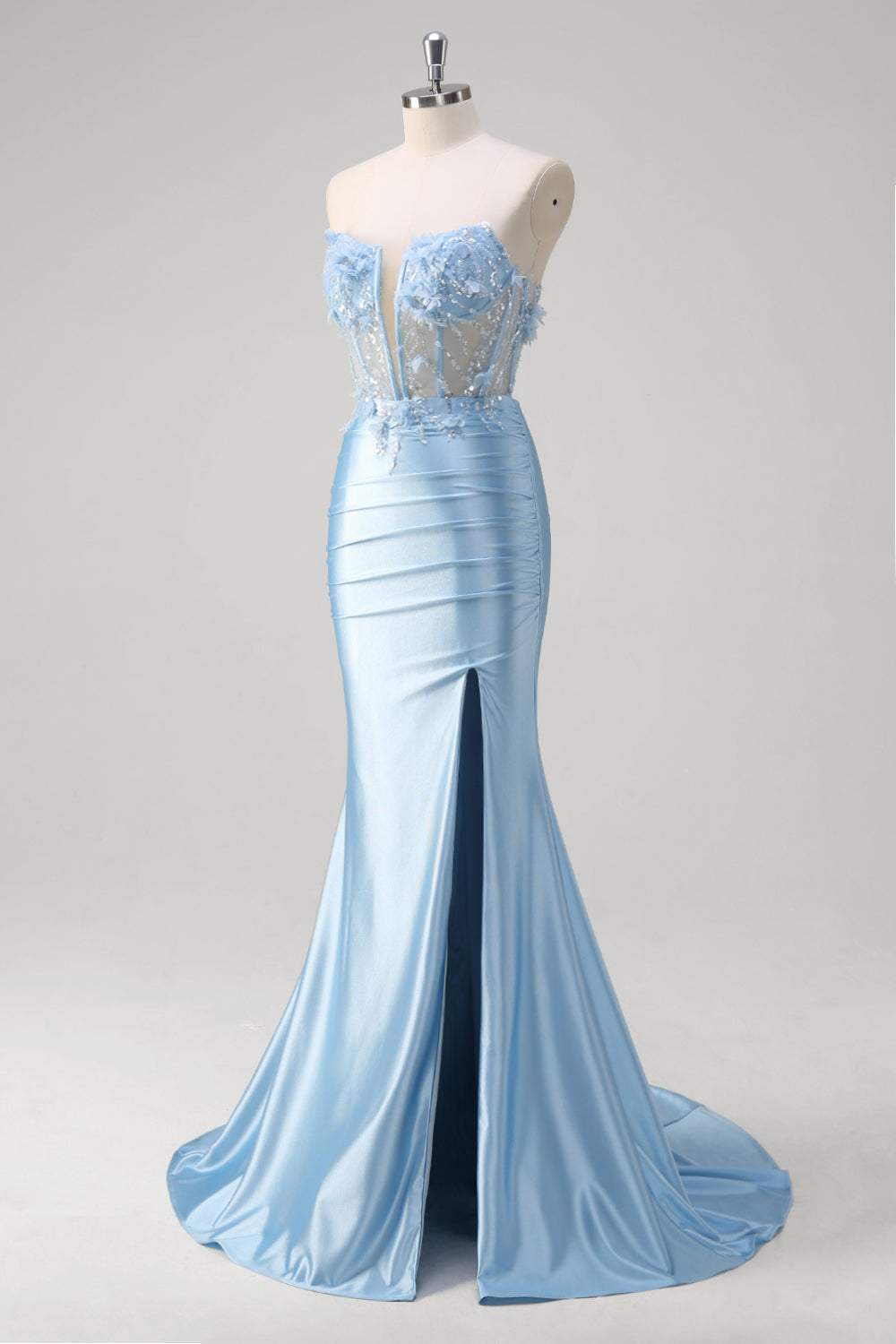 Sirène bleue Floral Bustier Corset Robe Longue De Bal Avec Fente