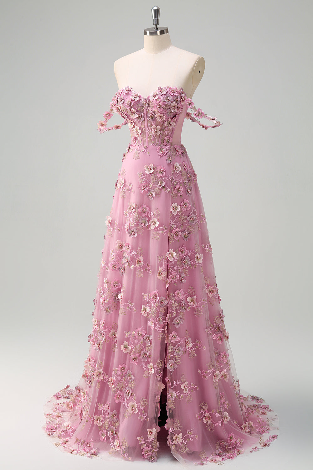 Taro A-line Off Shoulder Corset Slit Robe Longue De Soirée Avec Fleurs 3D