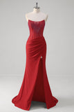 Perle bustier sirène corset longue Robe De Soirée rouge avec fente