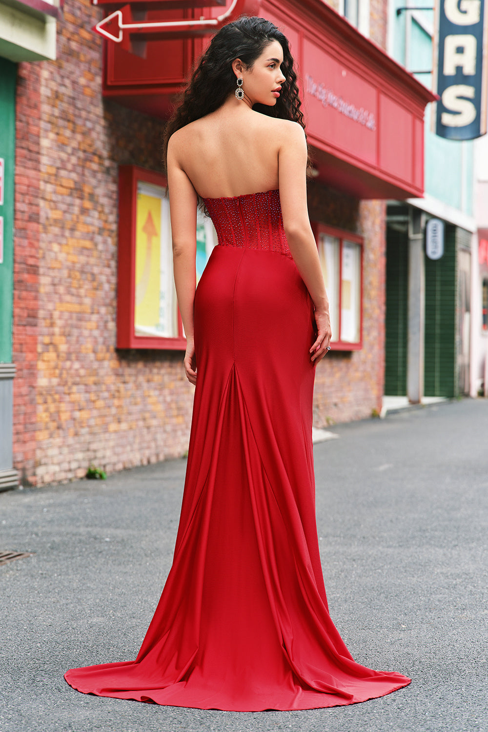 Perle bustier sirène corset longue Robe De Soirée rouge avec fente