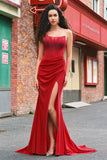 Perle bustier sirène corset longue Robe De Soirée rouge avec fente