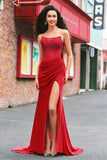 Perle bustier sirène corset longue Robe De Soirée rouge avec fente