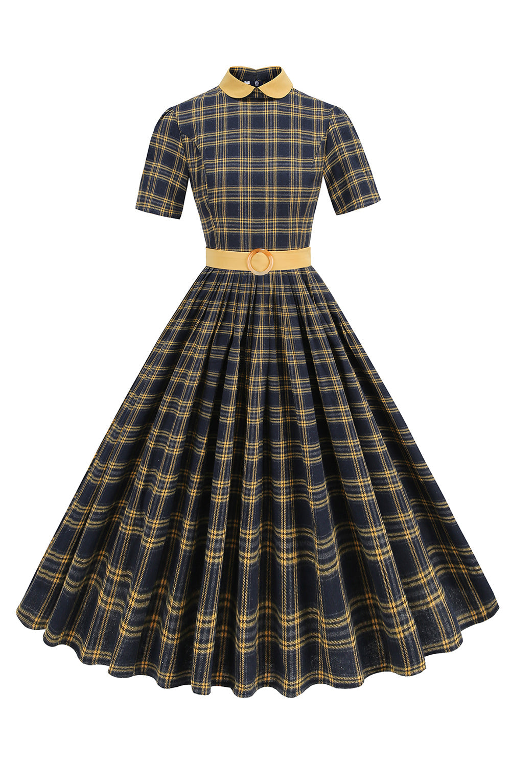 Robe Midi à carreaux noirs à col Claudine des années 1950
